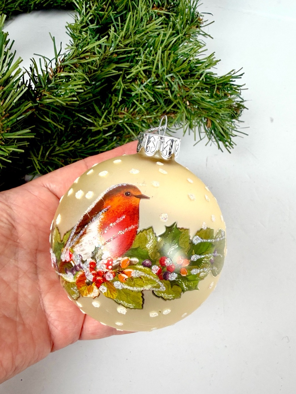 Gisela Graham London Robin Bird Glass Christmas Ornament Gold Glitter Bauble